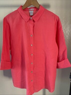 Chico's Coral-Pink Button-Down Shirt No Iron Line Preppy Quilt Luxury Size 2.5